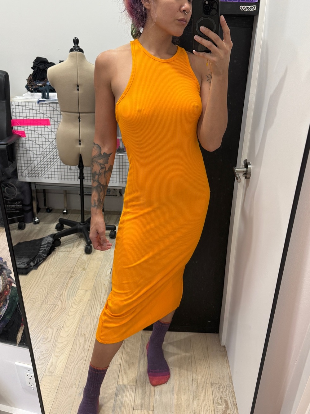 Urban Outfitters Asymmetrical Ribbed Maxi Dress in Orange